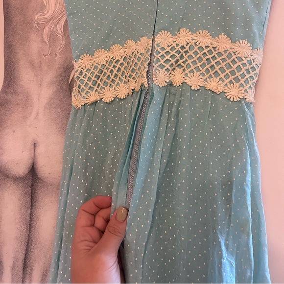 vintage light blue lace polka dot maxi dress daisy lace empire waist - Picture 7 of 13